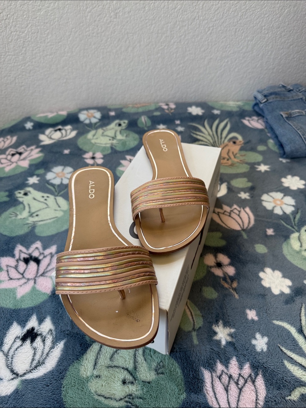 ALDO Tan Slide Sandals with Multicolor Metallic Straps